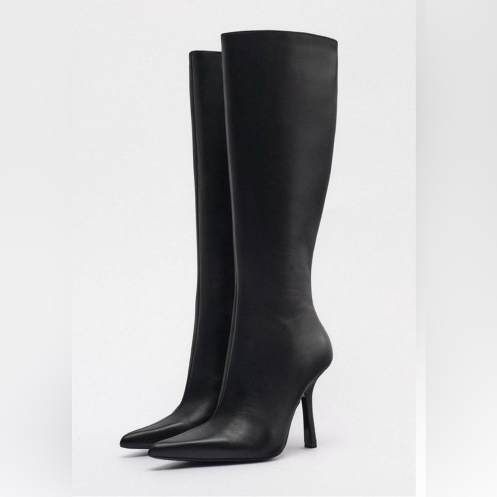 Zara Leather Black Heeled Knee Boots size 10